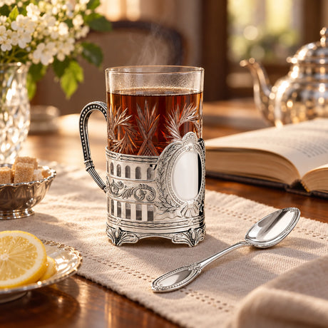 Teeglashalter-Set „Der Meister" 925 Silber im Etui — Lifestyle-Setting am Teetisch
