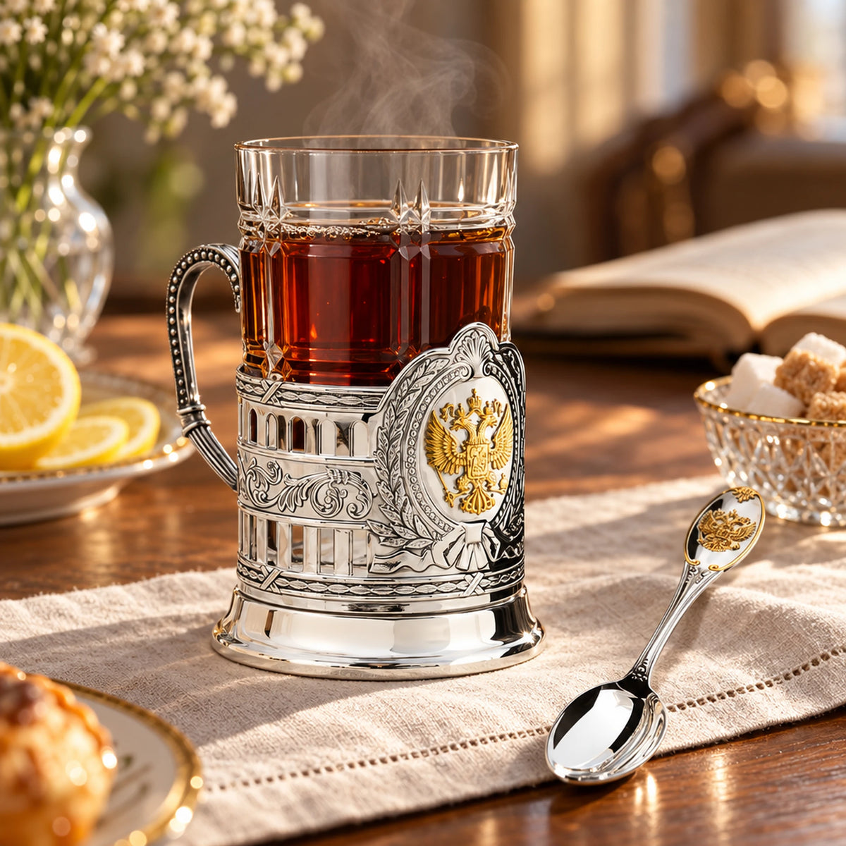 Teeglashalter-Set Doppeladler 925 Silber vergoldet im Etui — Lifestyle-Setting am Teetisch
