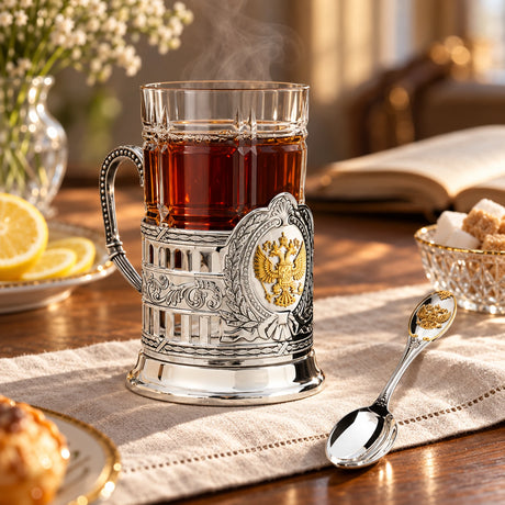 Teeglashalter-Set Doppeladler 925 Silber vergoldet im Etui — Lifestyle-Setting am Teetisch