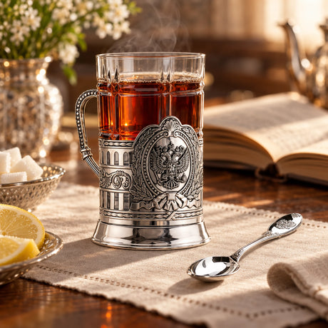 Teeglashalter-Set Doppeladler antik patiniert 925 Silber im Etui — Lifestyle-Setting am Teetisch
