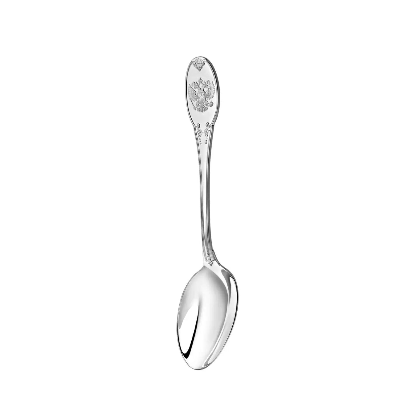 Teelöffel Edinstvo Einheit 925 Silber ArgentA — klassischer Stiel mit ovaler Stielkrone und feiner Doppeladler-Prägung (russisches Wappen), hochglanzpolierte Laffe, passend zum Doppeladler-Halter antik patiniert