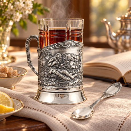 Teeglashalter-Set Jäger auf der Rast 925 Silber im Etui — Lifestyle-Setting am Teetisch