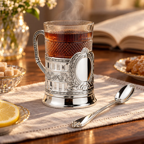 Teeglashalter-Set „Patron" antik patiniert 925 Silber im Etui — Lifestyle-Setting am Teetisch