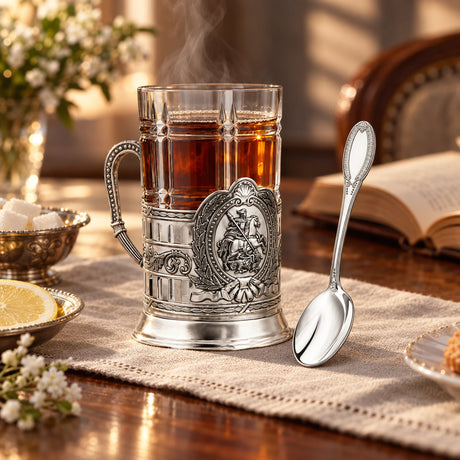 Teeglashalter-Set „St. Georg der Siegreiche" antik patiniert 925 Silber im Etui — Lifestyle-Setting am Teetisch