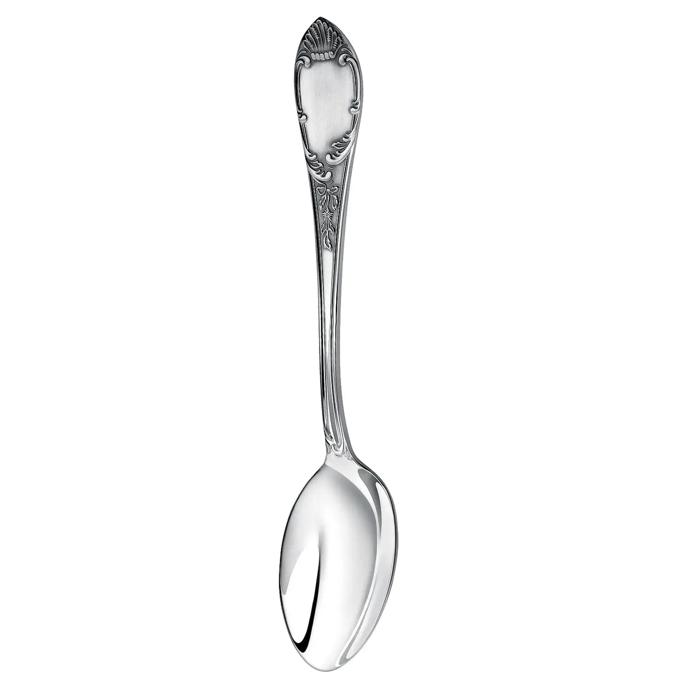 Teelöffel Prestige 925 Silber ArgentA — klassischer aristokratischer Tafelsilber-Stil mit Rocaille-Kartusche und leerem ovalen Initialfeld zur Gravur, Akanthus-Verzierung am Stiel, hochglanzpolierte Laffe