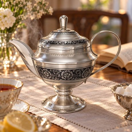 Teekanne 925 Silber Niello 450 ml — Lifestyle-Setting am Teetisch
