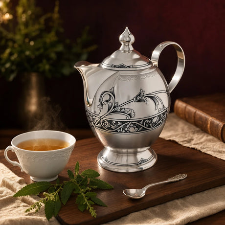 Silber-Teekanne 925 Verbena mit Niello-Akanthus-Ranken im Genießer-Setting auf Nussbaumholz mit Porzellantasse und frischen Verbena-Blättern — Lifestyle