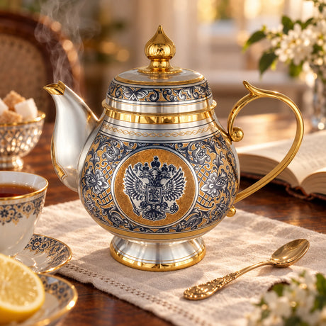 Teekanne 925 Silber vergoldet Souverän 500 ml — Lifestyle-Setting am Teetisch