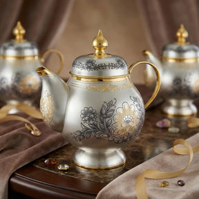 Teekanne 925 Silber Niello | Astra Classic | Blumenmuster vergoldet