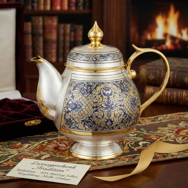 Teekanne 925 Silber vergoldet Tradition – elegante Nahaufnahme im Wohnzimmer-Ambiente