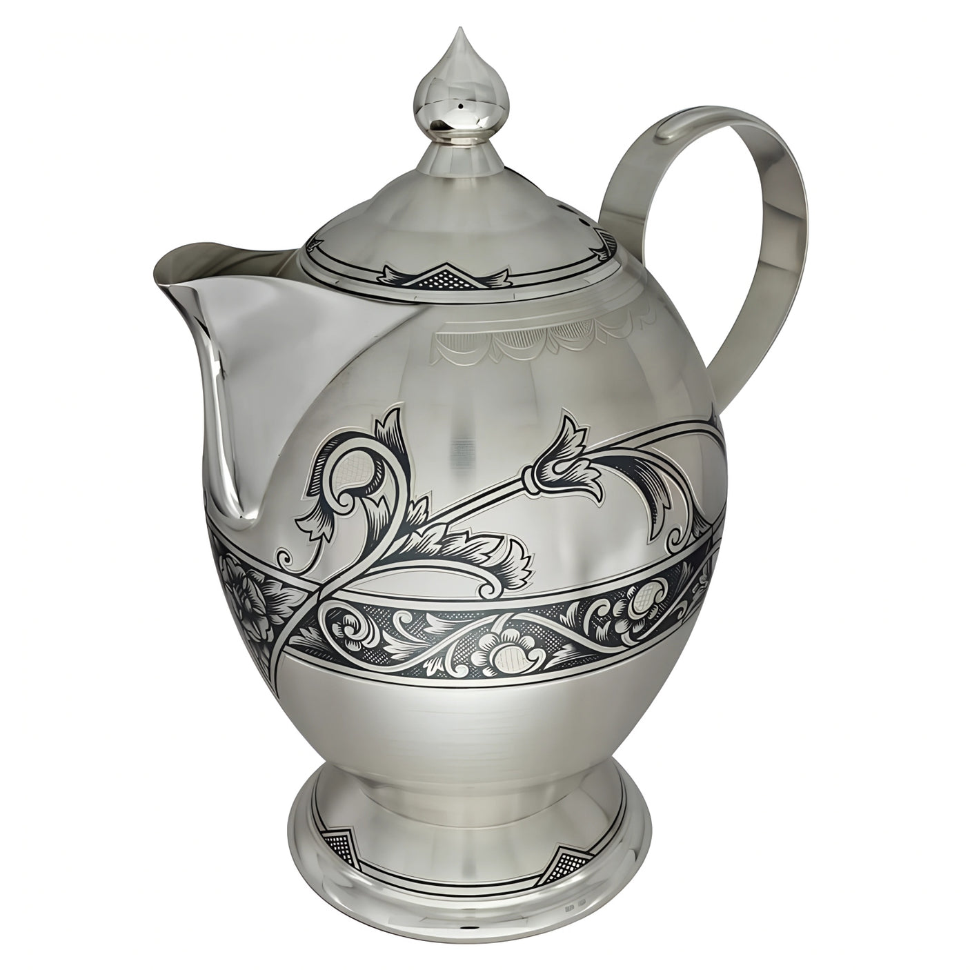 Silber Teekanne 925 Niello Verbena — schlanke Form mit S-Henkel und fließendem Akanthus-Rankenmotiv, SevChern, für Hochzeit & Jubiläum