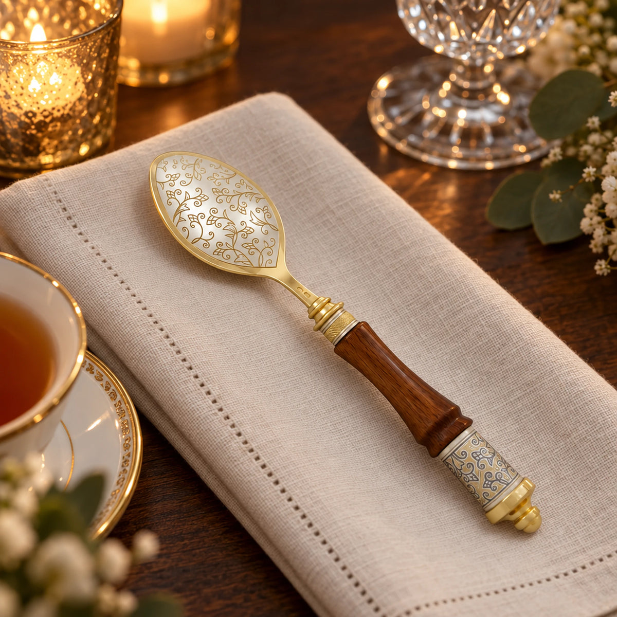 Byzanz Teelöffel 925 Silber vergoldet mit Edelholz — Lifestyle-Setting an der gedeckten Tafel