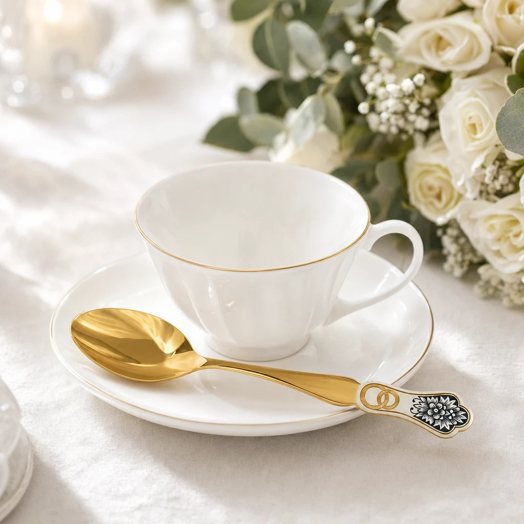 Hochzeitsgeschenk Teelöffel 925 Silber vergoldet mit Ringen — festlicher Frühstückstisch mit weißem Porzellan und Rosen — Lifestyle