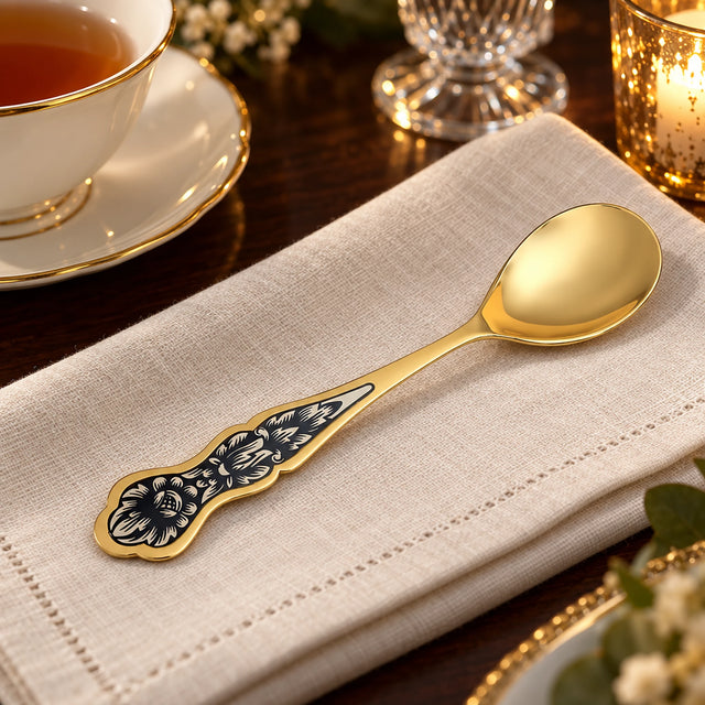 Teelöffel 925 Silber vergoldet Niello — Lifestyle-Setting an der gedeckten Tafel