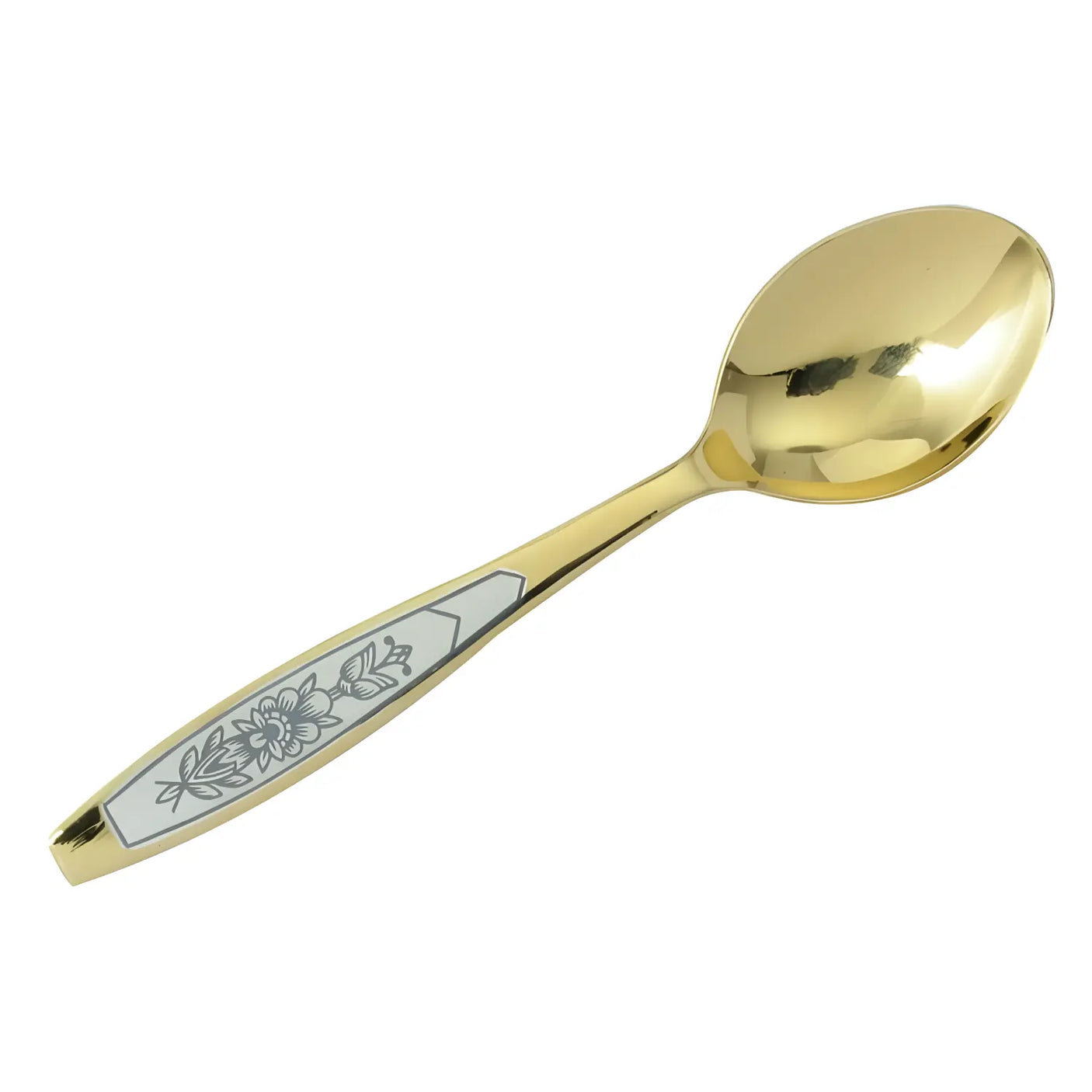 Teelöffel Astra Gold: vollvergoldet mit handgravierter Niello-Blume im Griff, hochglänzend polierte Laffe ohne Ornamente – 138 mm