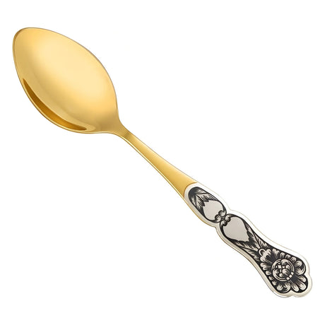 Teelöffel 925 Silber vergoldet Niello — vergoldeter Löffel mit floralem Niello-Blumenmotiv am Stielende, Freisteller
