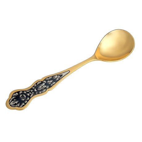 Teelöffel 925 Silber vergoldet Niello — vergoldeter Löffel mit floralem Niello-Blumenornament am Stiel, Botanica