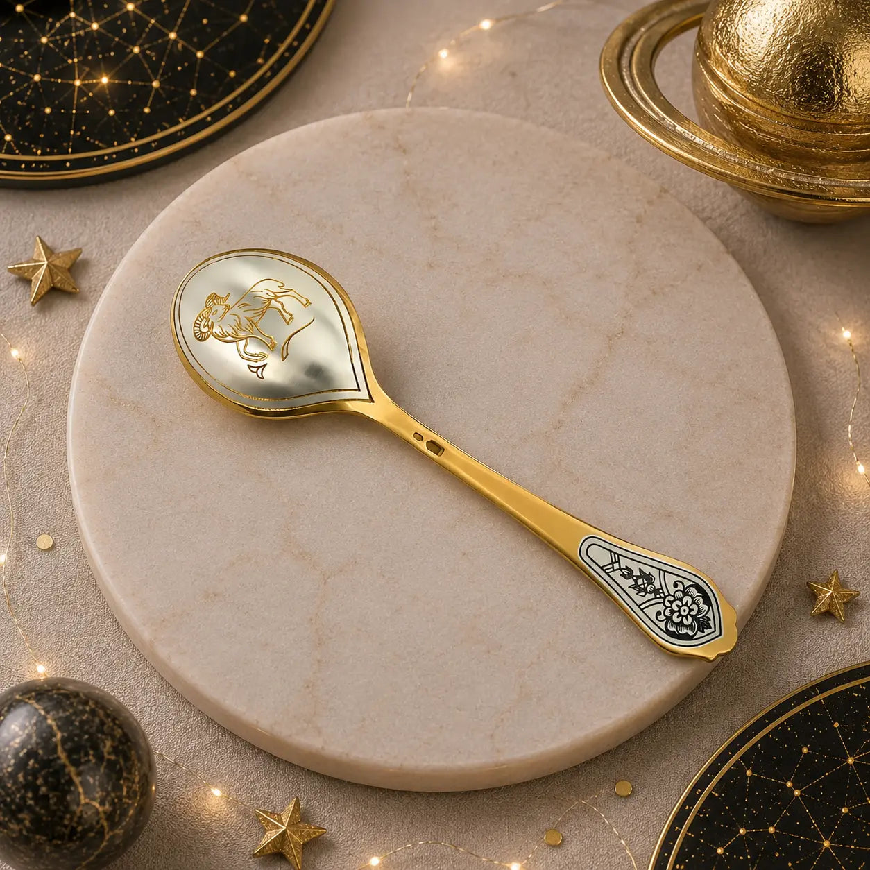 Teelöffel Sternzeichen Widder aus 925 Silber vergoldet mit edler Niello-Verzierung und feinem astrologischem Motiv