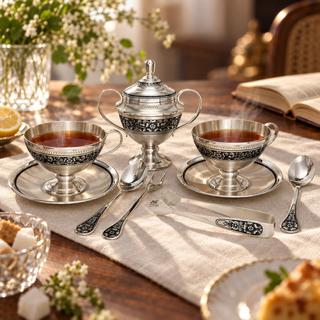 Teeservice für 2 Personen 925 Silber mit Niello — Lifestyle-Setting am Teetisch