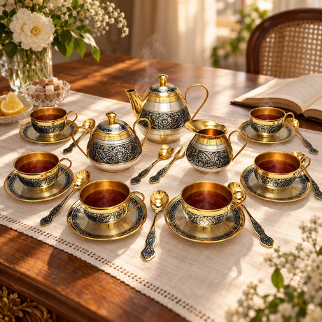 Teeservice für 6 Personen 925 Silber vergoldet — Lifestyle-Setting am Teetisch