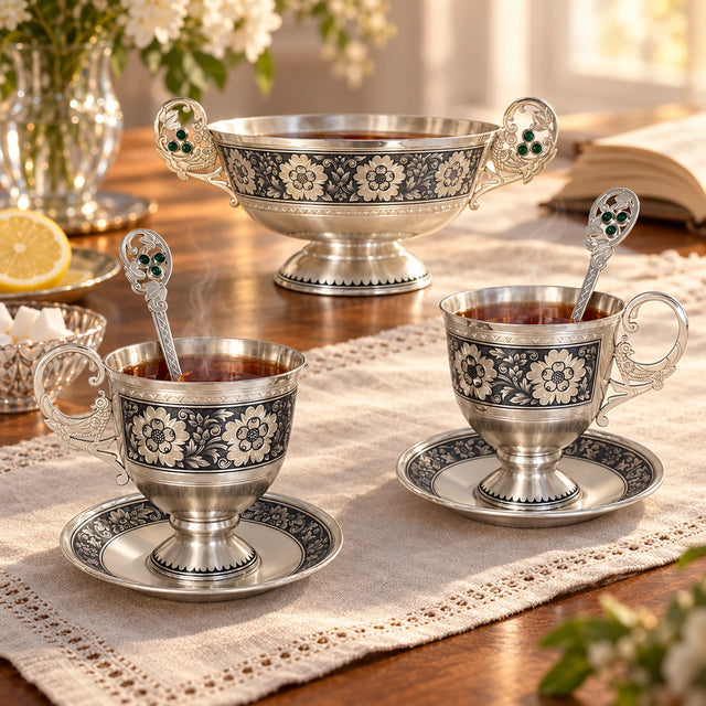Teeservice 925 Silber mit Niello Für Zwei — Lifestyle-Setting am Teetisch