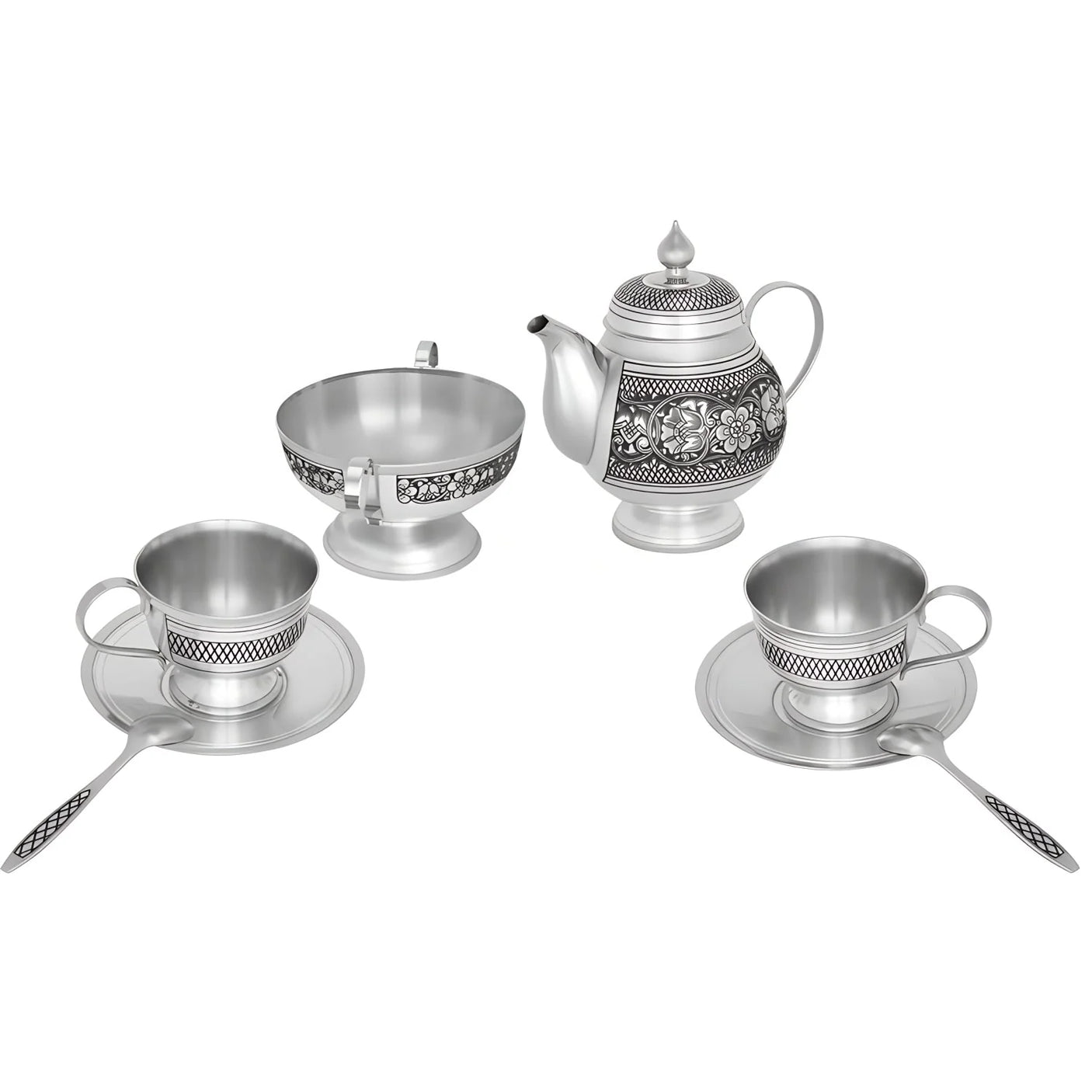 Teeservice 925 Silber Niello Floralis 2 Personen — Teekanne, Zuckerdose, 2 Tassen mit Untertassen, 2 Löffel