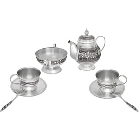 Teeservice 925 Silber Niello Floralis 2 Personen — Teekanne, Zuckerdose, 2 Tassen mit Untertassen, 2 Löffel