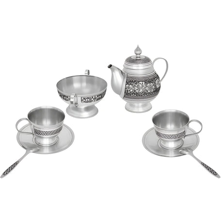 Teeservice 925 Silber Niello Floralis 2 Personen — Teekanne, Zuckerdose, 2 Tassen mit Untertassen, 2 Löffel