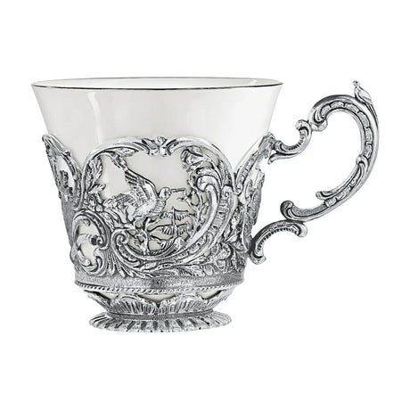 Teetasse 925 Silber Königliche Jagd — Fasan-Hochrelief im Medaillon, Porzellan-Inneres, Akanthus-Henkel, ArgentA