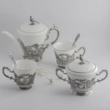 Teeservice 925 Silber Königliche Jagd ArgentA — 7-teiliges Set mit Teekanne, Zuckerdose, 2 Tassen, 2 Teelöffeln und Zuckerzange, Rothirsch-Hochrelief