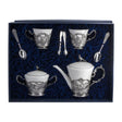 Teeservice 925 Silber Königliche Jagd im Premium-Etui — 7-tlg samtgefüttert Marineblau, Fasan-Knäufe auf Deckeln, ArgentA Silber & Porzellan