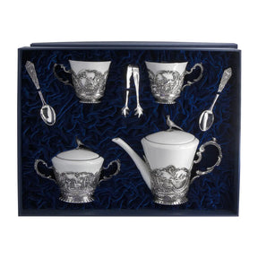 Teeservice 925 Silber Königliche Jagd im Premium-Etui — 7-tlg samtgefüttert Marineblau, Fasan-Knäufe auf Deckeln, ArgentA Silber & Porzellan