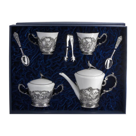 Teeservice 925 Silber Königliche Jagd im Premium-Etui — 7-tlg samtgefüttert Marineblau, Fasan-Knäufe auf Deckeln, ArgentA Silber & Porzellan