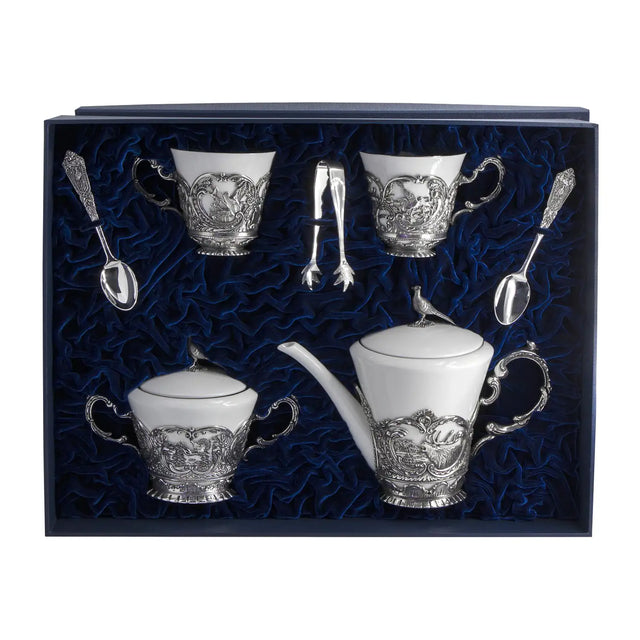 Teeservice 925 Silber Königliche Jagd im Premium-Etui — 7-tlg samtgefüttert Marineblau, Fasan-Knäufe auf Deckeln, ArgentA Silber & Porzellan
