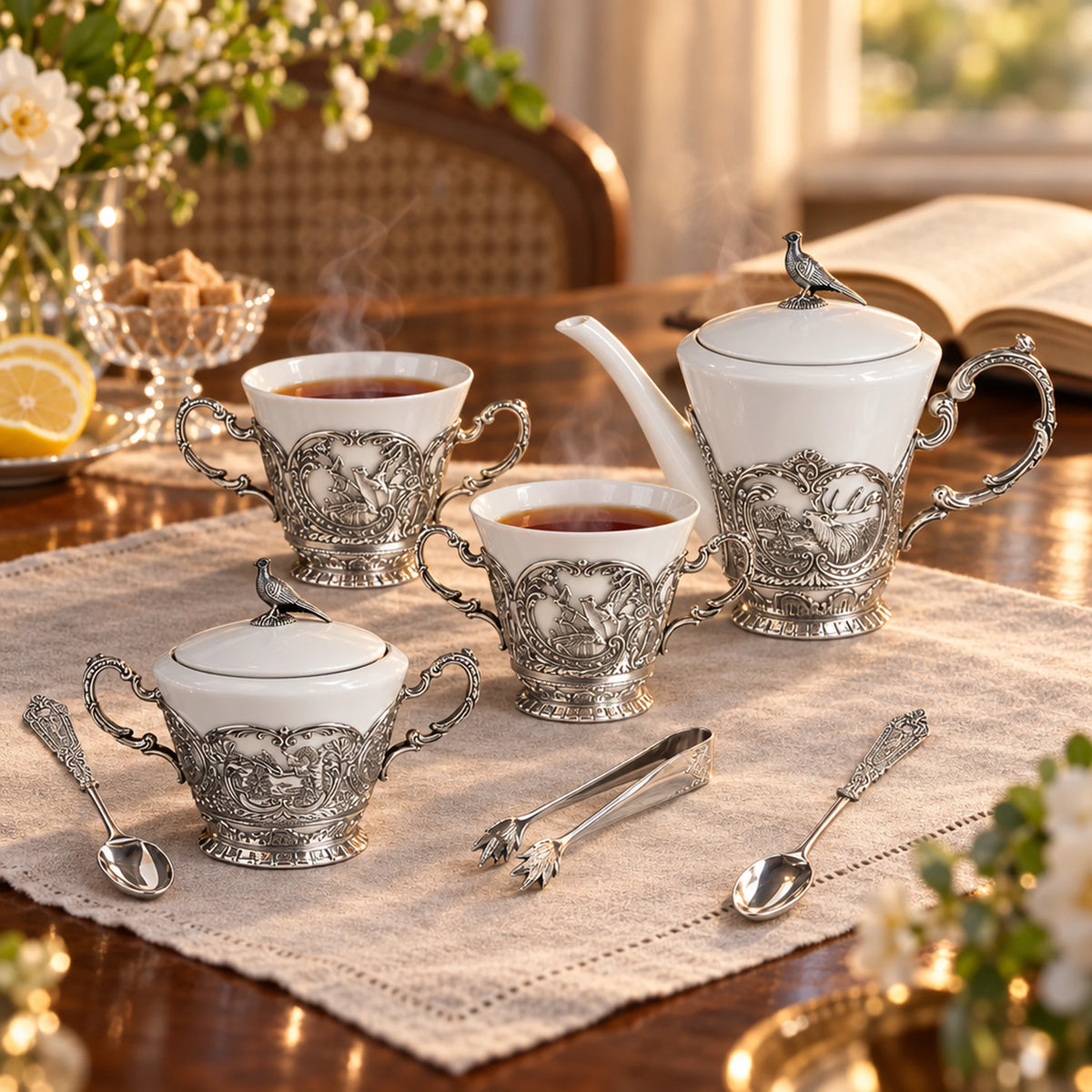 Teeservice Königliche Jagd 925 Silber & Porzellan — Lifestyle-Setting am Teetisch