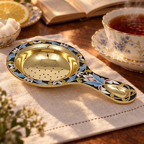 Teesieb 925 Silber Emaille & Vergoldung blau — Lifestyle-Setting am Teetisch