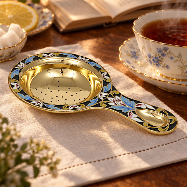 Teesieb 925 Silber Emaille & Vergoldung blau — Lifestyle-Setting am Teetisch