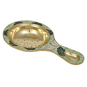 Teesieb 925 Silber vergoldet — grüne Emaille mit rosa Blüten und Blättern, goldene Siebschale