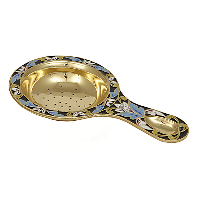 Edles Teesieb aus 925 Silber mit Emaille und Vergoldung – handbemaltes Blumenmuster, ideale Geschenkidee für Teeliebhaber.