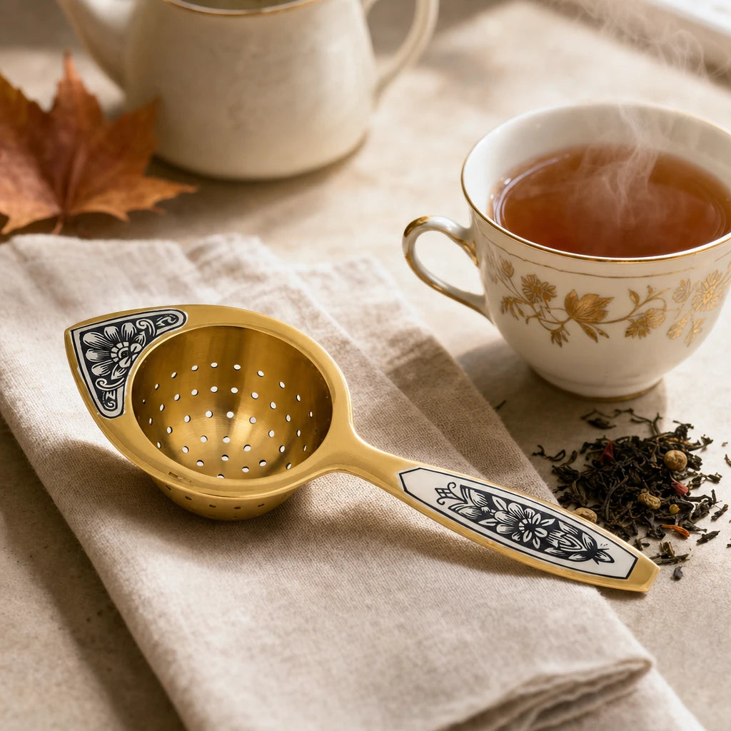 Teesieb Aurora Gold 925 Silber vergoldet auf Leinenserviette neben dampfender Teetasse und losem Tee — Lifestyle