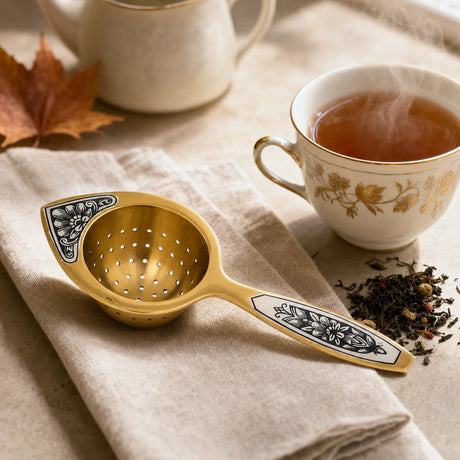 Teesieb Aurora Gold 925 Silber vergoldet auf Leinenserviette neben dampfender Teetasse und losem Tee — Lifestyle