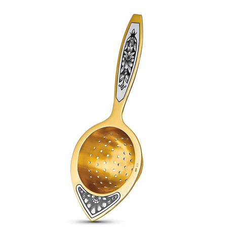 Teesieb 925 Silber vergoldet Niello — Einzelteil mit goldener Siebschale und Niello-Griff, Detailansicht