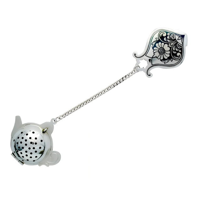 Teesieb 925 Silber Nielloa — teekannenförmiger Sieb-Ball an Silberkette mit Niello-Blütengriff