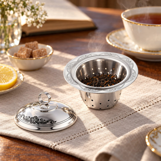 Teesieb mit Deckel 925 Silber Niello Kraft — Lifestyle-Setting am Teetisch