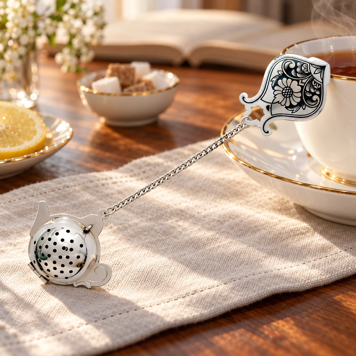 Teesieb "Nielloa Kanne" an Kette aus 925 Silber — Lifestyle-Setting am Teetisch