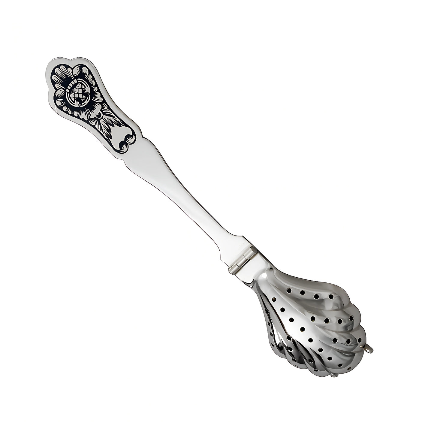 Edler Teesieblöffel aus 925er Silber mit kunstvollem Niello-Dekor in floralem Design und klassischer Form.