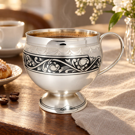 Silber Teetasse 925 Niello 210 ml — Lifestyle-Setting am Kaffeetisch