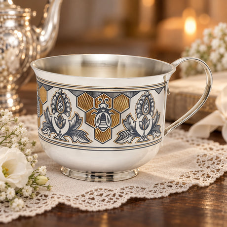 Teetasse 925 Silber Bienenstock-Ornament, vergoldet — Lifestyle-Setting, Geschenk zur Geburt und Taufe
