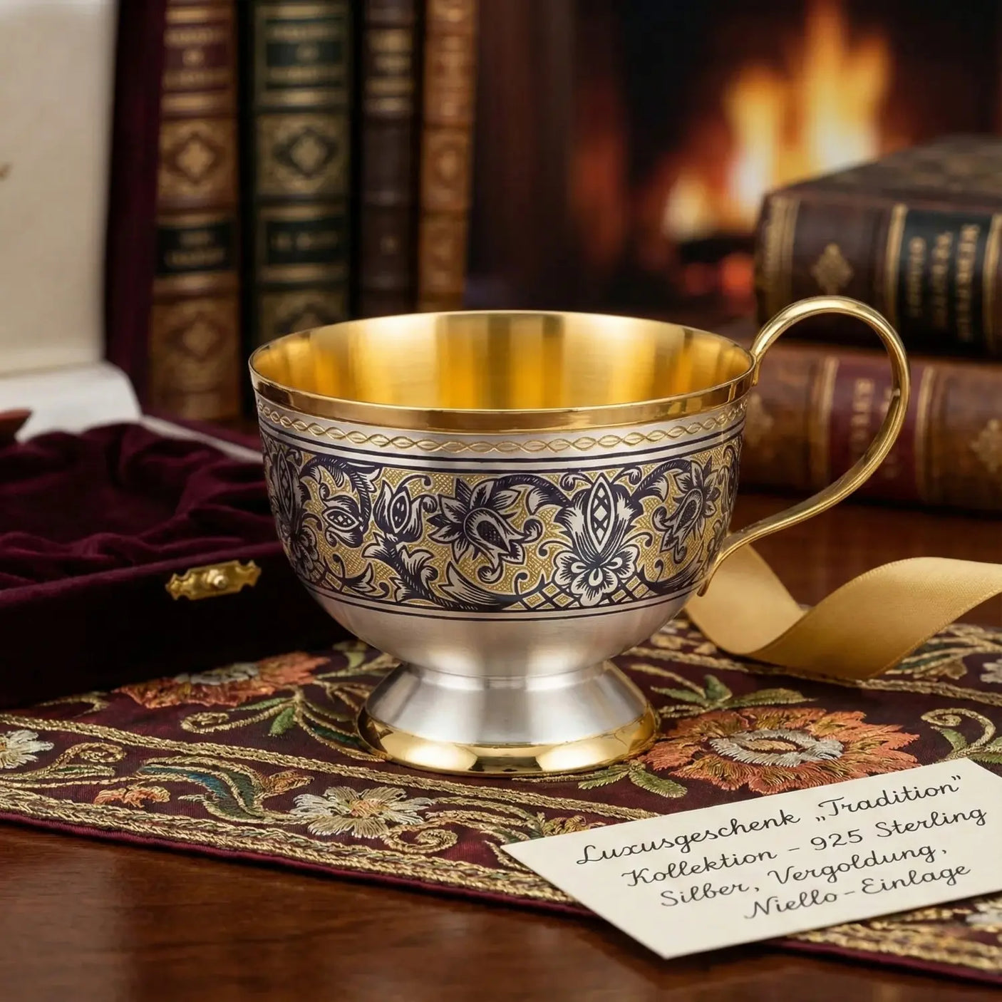 Teetasse „Tradition“ – 925 Silber vergoldet mit Niello & Handgravur 140 ml