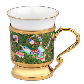 Exklusive Porzellan Kaffeetasse mit Silber-Emaille-Halter Kolibri Motiv Gold Grün.